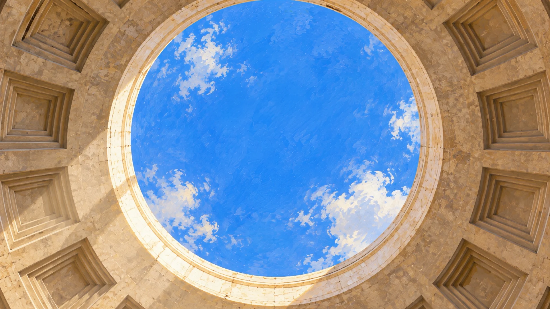 Pantheon’un dairesel açıklığından görünen kobalt gökyüzü.