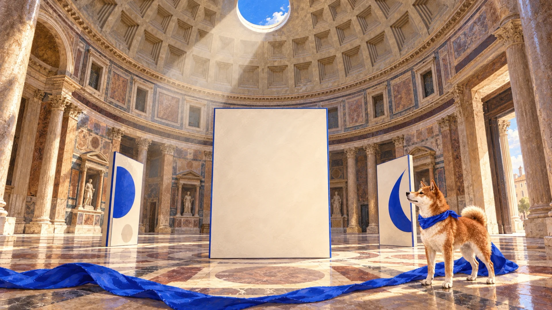 Pantheon’da kobalt kenarlı taş renkli sergi levhaları.