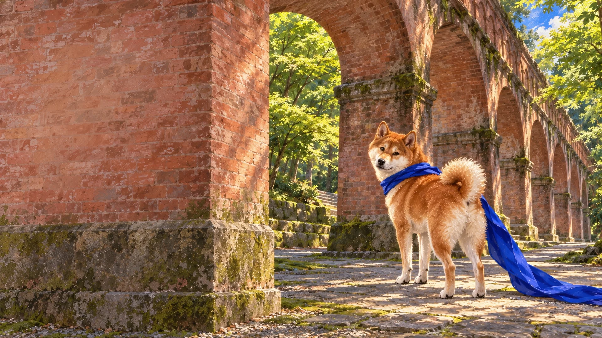 Kyoto’daki tuğla kemerlerin önünde kobalt fularlı Shiba.