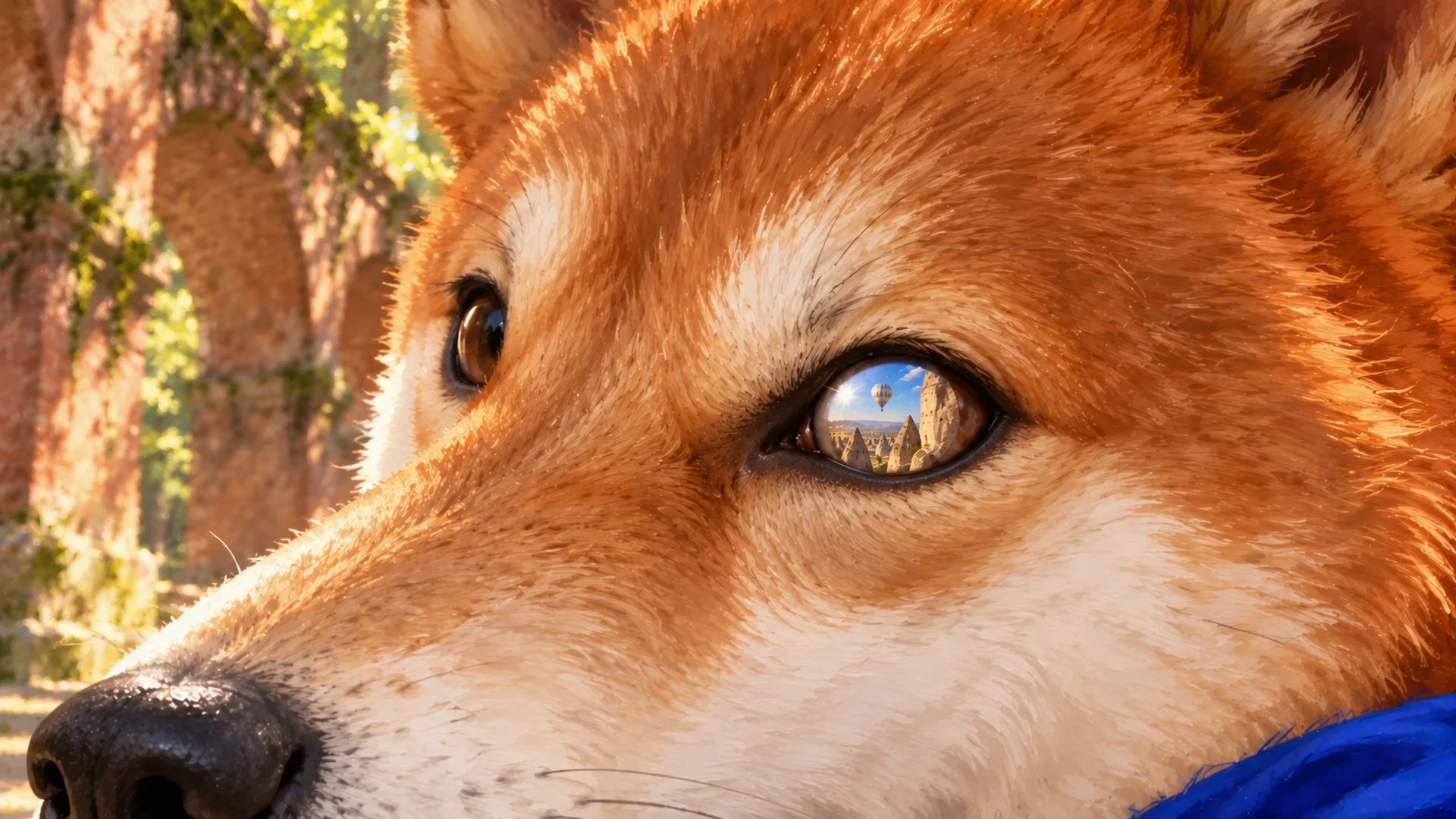 Shiba’nın gözünde yansıyan Kapadokya ve sıcak hava balonu.