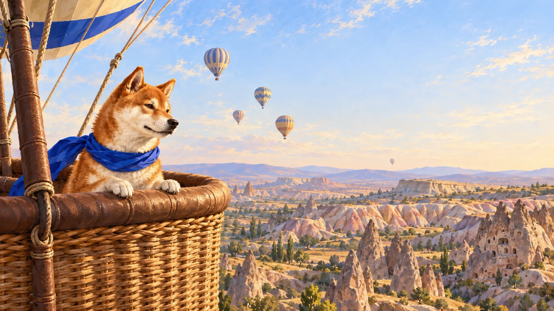 Kapadokya üzerinde bir balon sepetinde, kobalt fularlı Shiba.